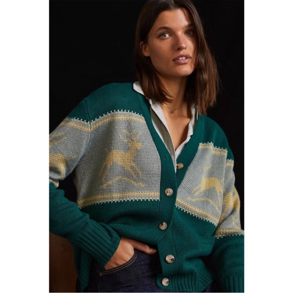 Anthropologie Tiny Green Reindeer Wool Blend Button Down Cardigan Sweater